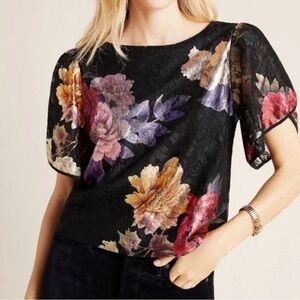 Anthropologie The Odells Black Lace Metallic Oversized Floral Petal Sleeve Top L